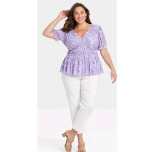 Ava Viv Women's Plus Purple Swirl Puff V-Neck Nylon Mesh Top Size X (14W)